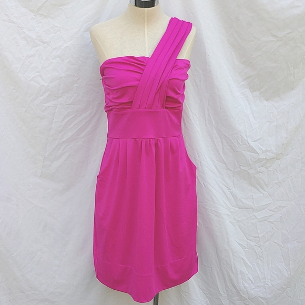 Gretchen Scott dress, L, one shoulder, pink & orange, pockets, gathers over butt